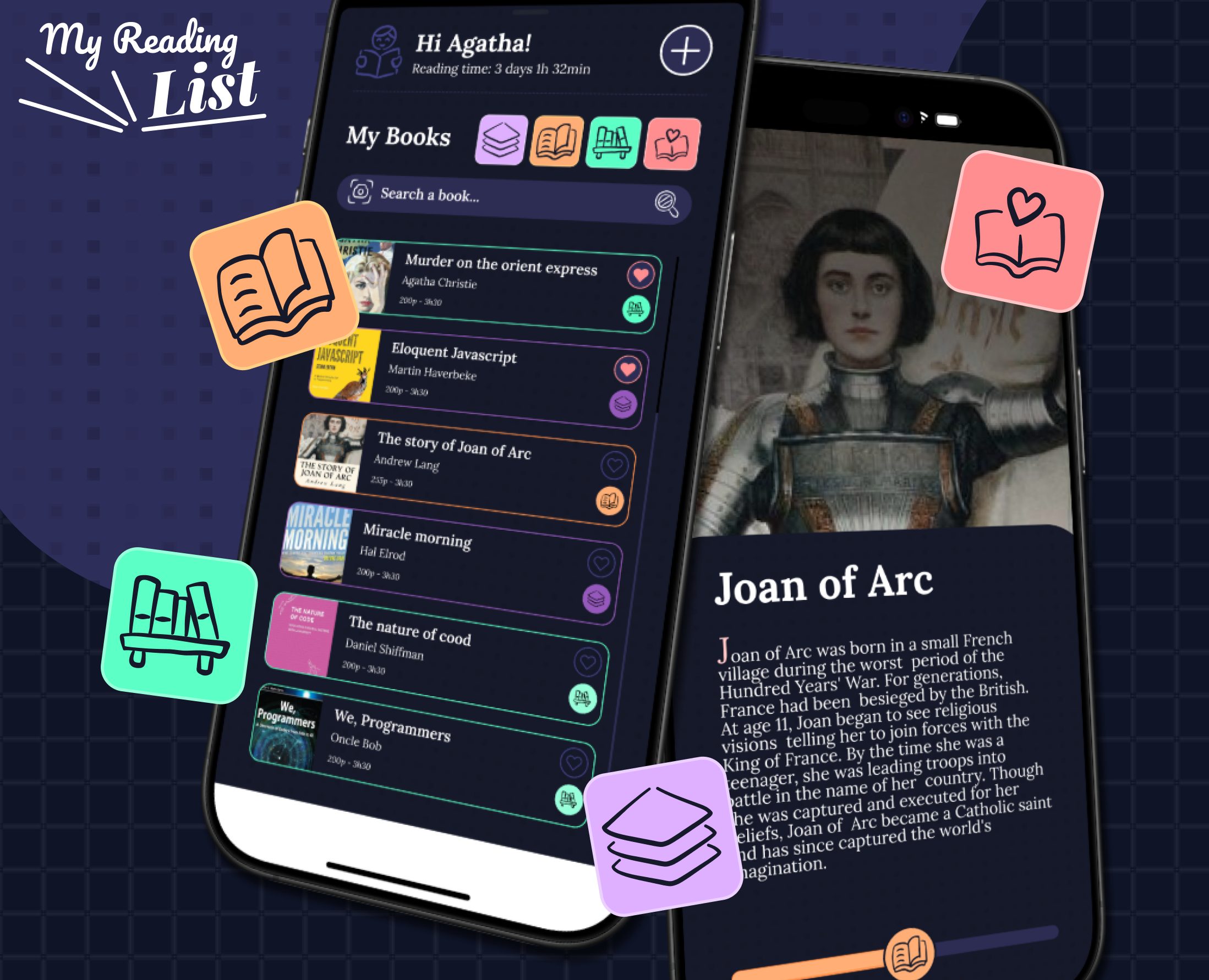My Reading List slide showing app's user interface